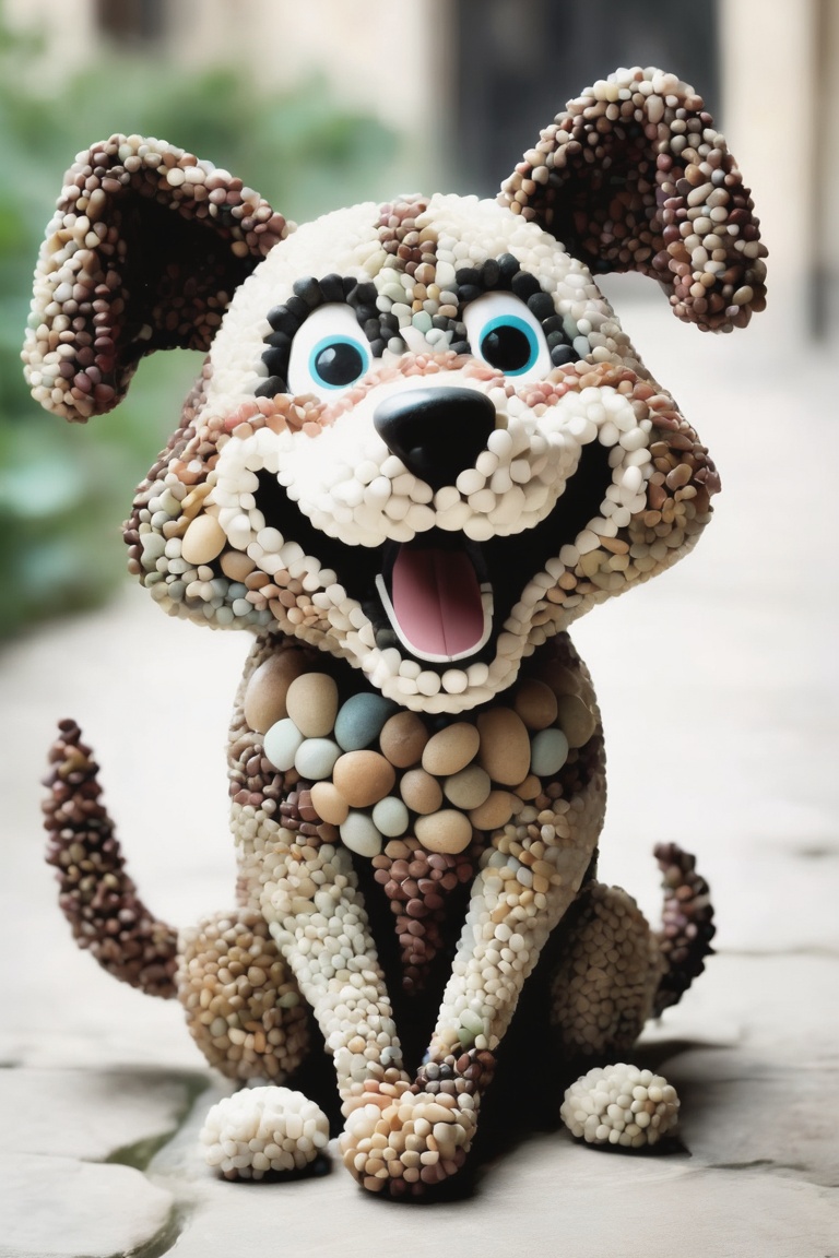 An happy canine character made of pebbles,  Inspired by Katia Chausheva's viennese actionism. on Tensor.Art