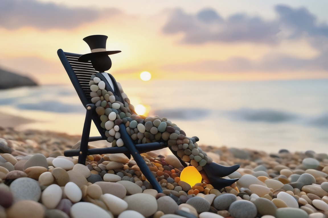 An elegantly dressed whimsical character made out of smooth river pebbles,  sitting in a deckchair on the beach watching a...