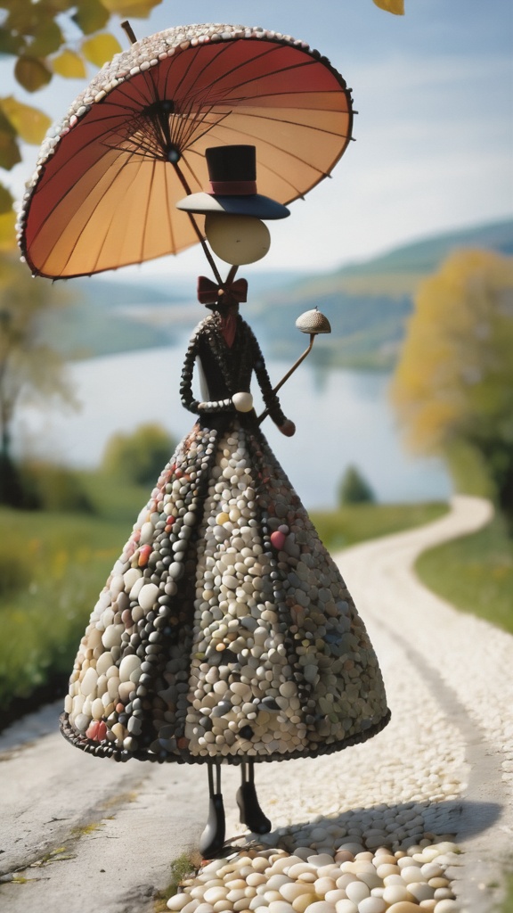 A whimsical character made out of smooth river pebbles. Dressed elegantly. Holding a parasol. Strolling on a country road....