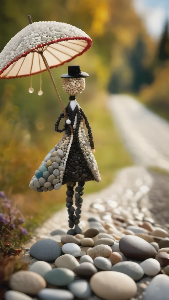 A whimsical character made out of smooth river pebbles. Dressed elegantly. Holding a parasol. Strolling on a country road....