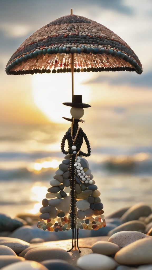 An elegantly dressed whimsical character made out of smooth river pebbles holding a parasol standing on the beach watching...