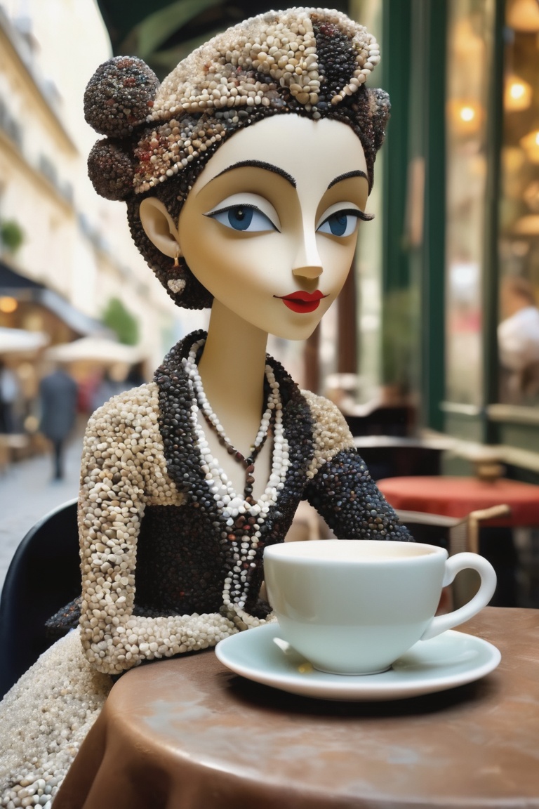 An elegantly dressed girl made of pebbles,  sitting at a parisienne cafe drinking a cup of coffee ,  Inspired by Katia Cha...