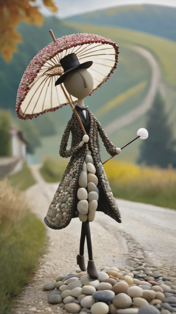 A whimsical character made out of smooth river pebbles. Dressed elegantly. Holding a parasol. Strolling on a country road....