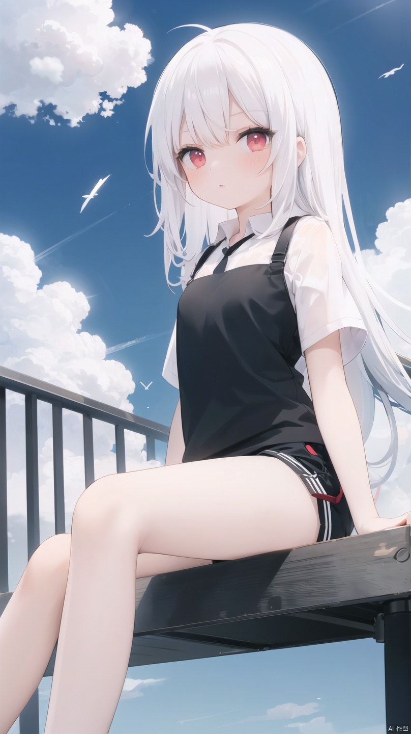  1girl, long hair, White hair, red eyes, jitome, flat chest, sitting, on park, day, blue Sky, clouds, black shorts, White shirt, long legwears, camera
