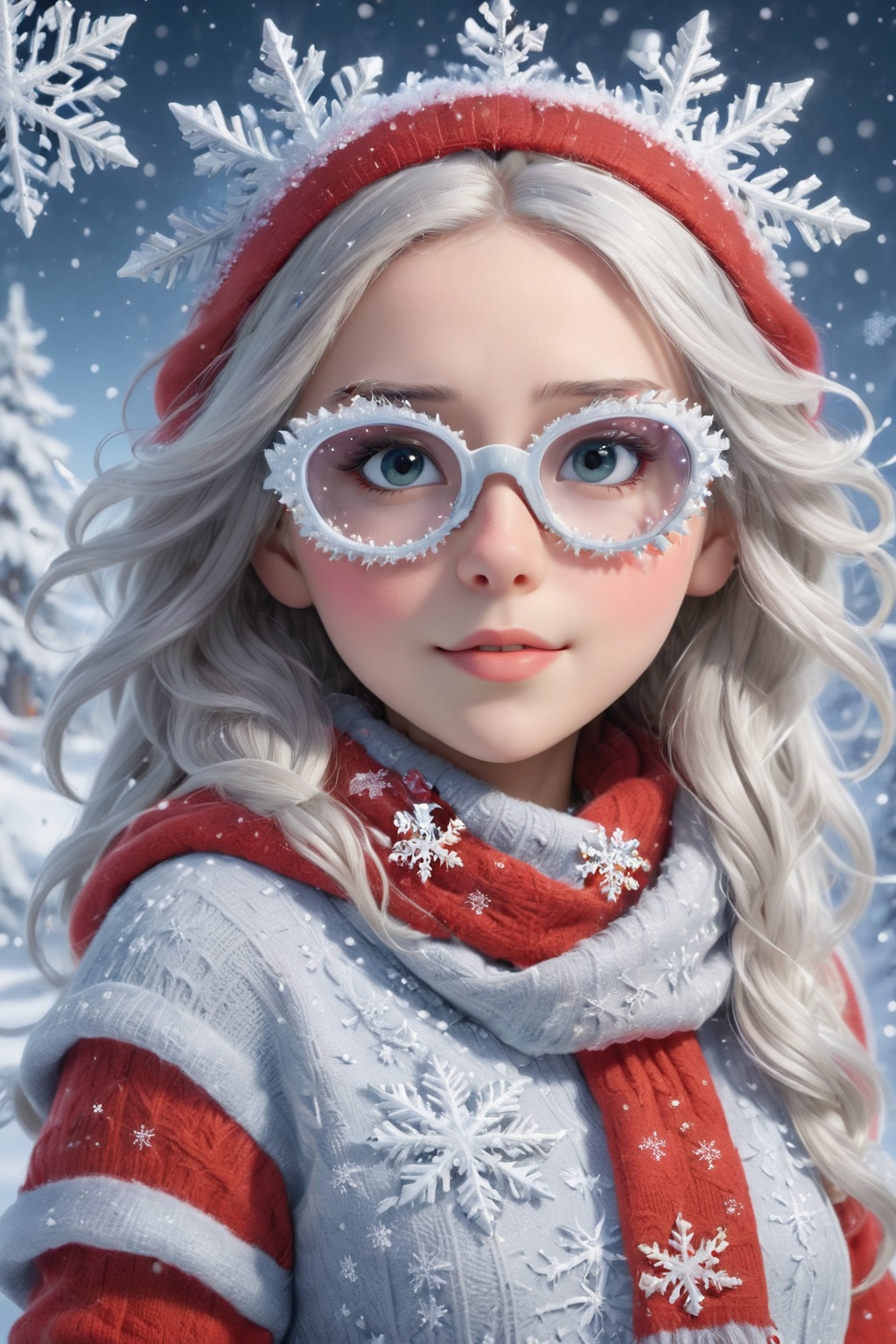 In this Christmas scene,  a petite girl stands alone in the snowy landscape. She wears a red Christmas hat,  and her long...