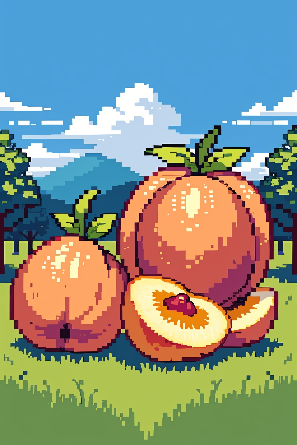 Orchard,  two large peaches,  blue sky on Tensor.Art