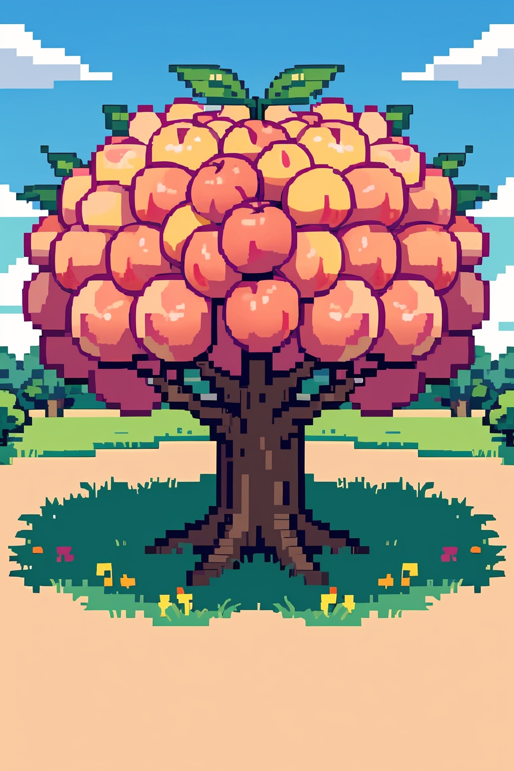 Orchard,  large peach,  blue sky on Tensor.Art