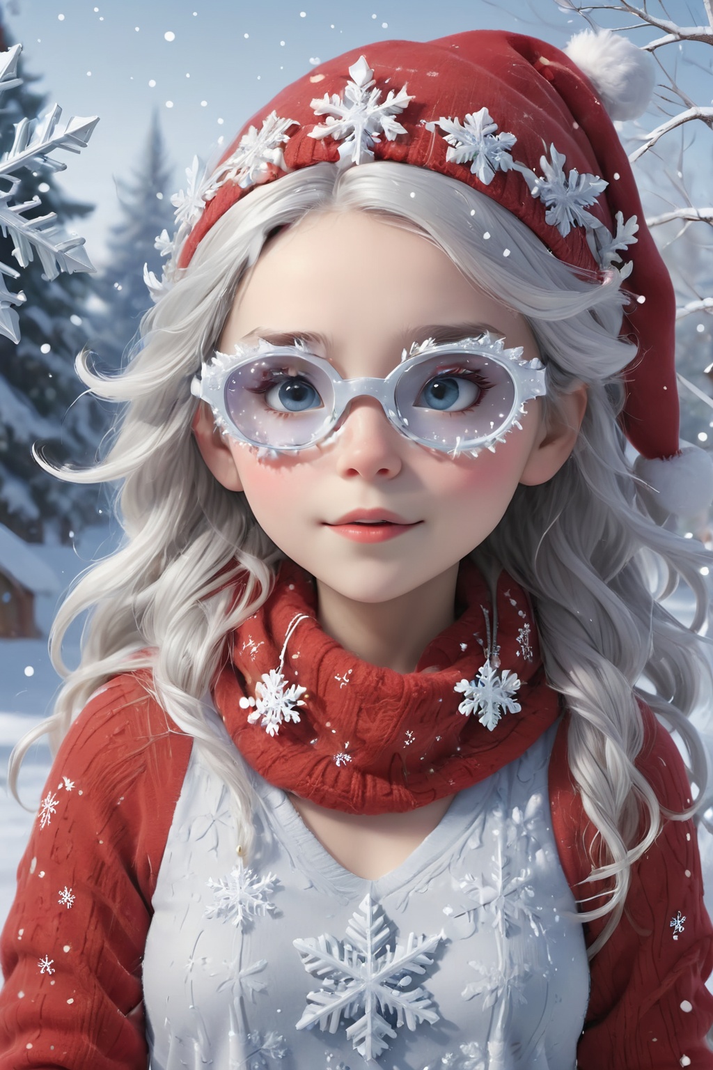 In this Christmas scene,  a petite girl stands alone in the snowy landscape. She wears a red Christmas hat,  wearing sfgla...