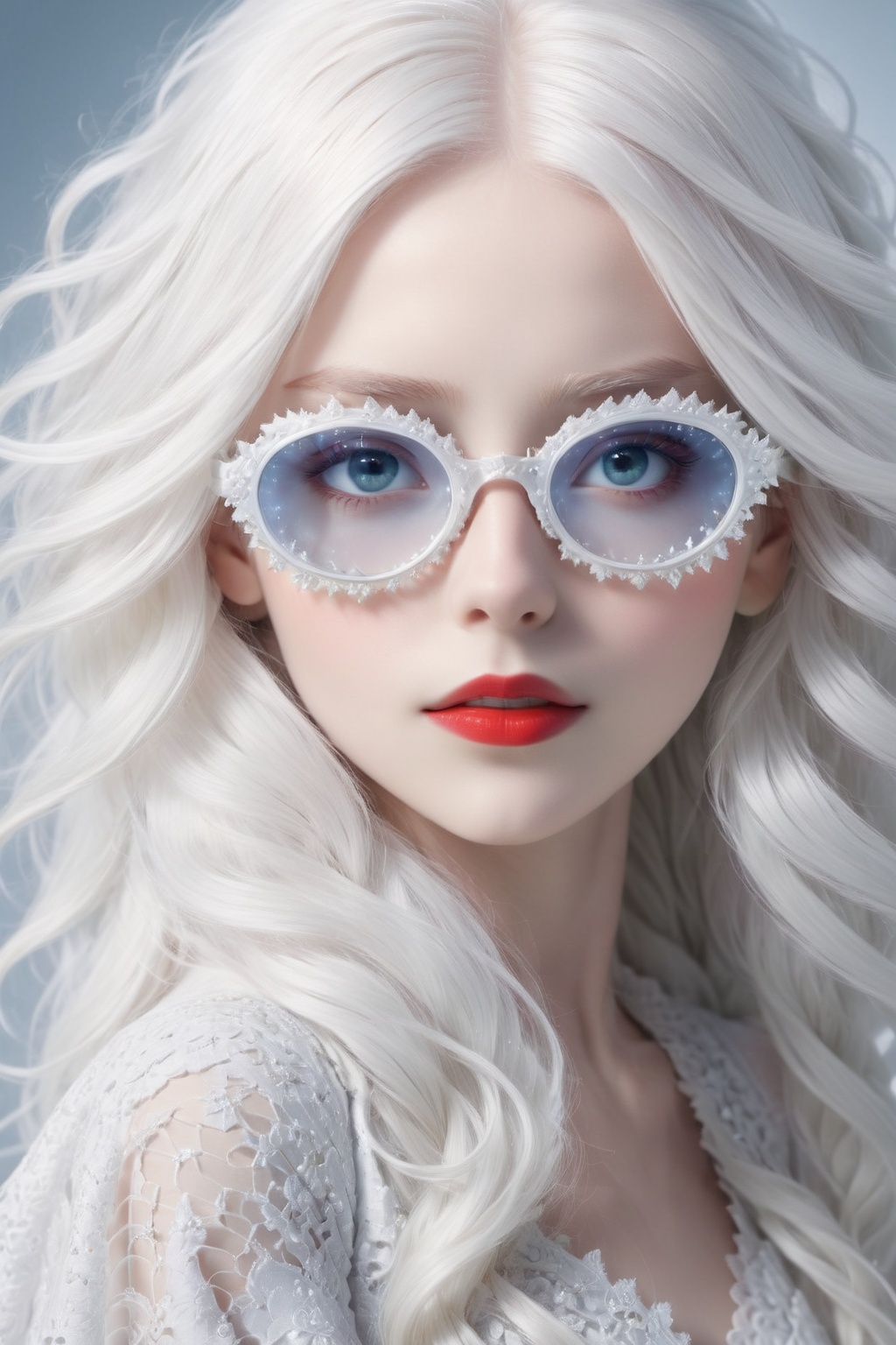 A girl with extremely fair complexion,  almost appearing ghostly,  possesses stunning flowing white hair that cascades dow...