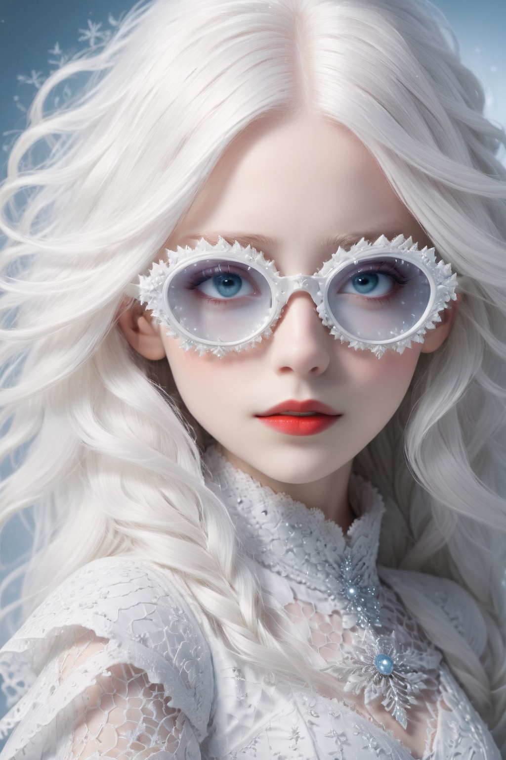 A girl with extremely fair complexion,  almost appearing ghostly,  possesses stunning flowing white hair that cascades dow...