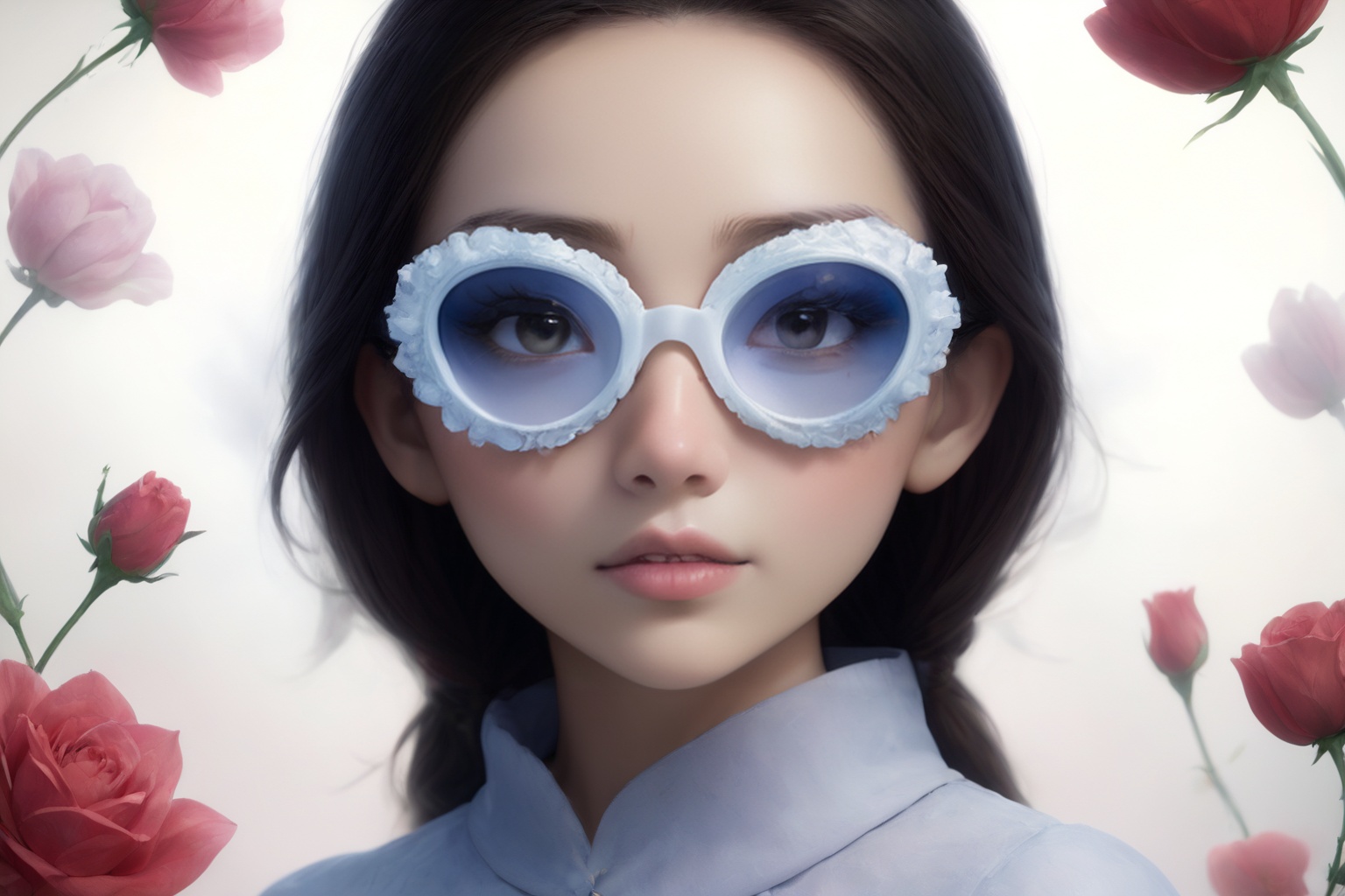 Create a modern-styled portrait of a gentle lady inspired by roses and love,  wearing sfglasses,  utilizing the vibrant co...