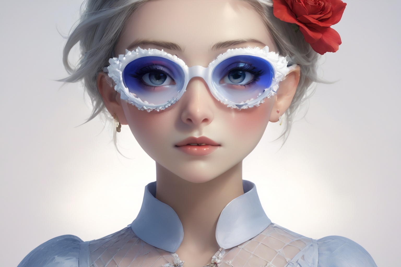 Create a modern-styled portrait of a gentle lady inspired by roses and love,  wearing sfglasses,  utilizing the vibrant co...