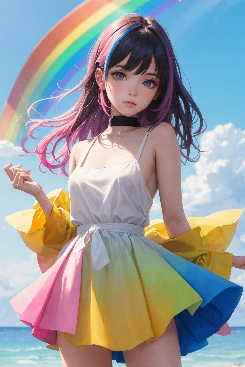  best quality,(masterpiece:1.3),ultra-detailed,1girl,Abstract watercolor painting of a little girl,cowboy shot,scales,rainbow colors ::1,colorful hair,blue and pink tone colors,abstract watercolor painting of cartoon clouds with emoji,rainbow colors,Gradien