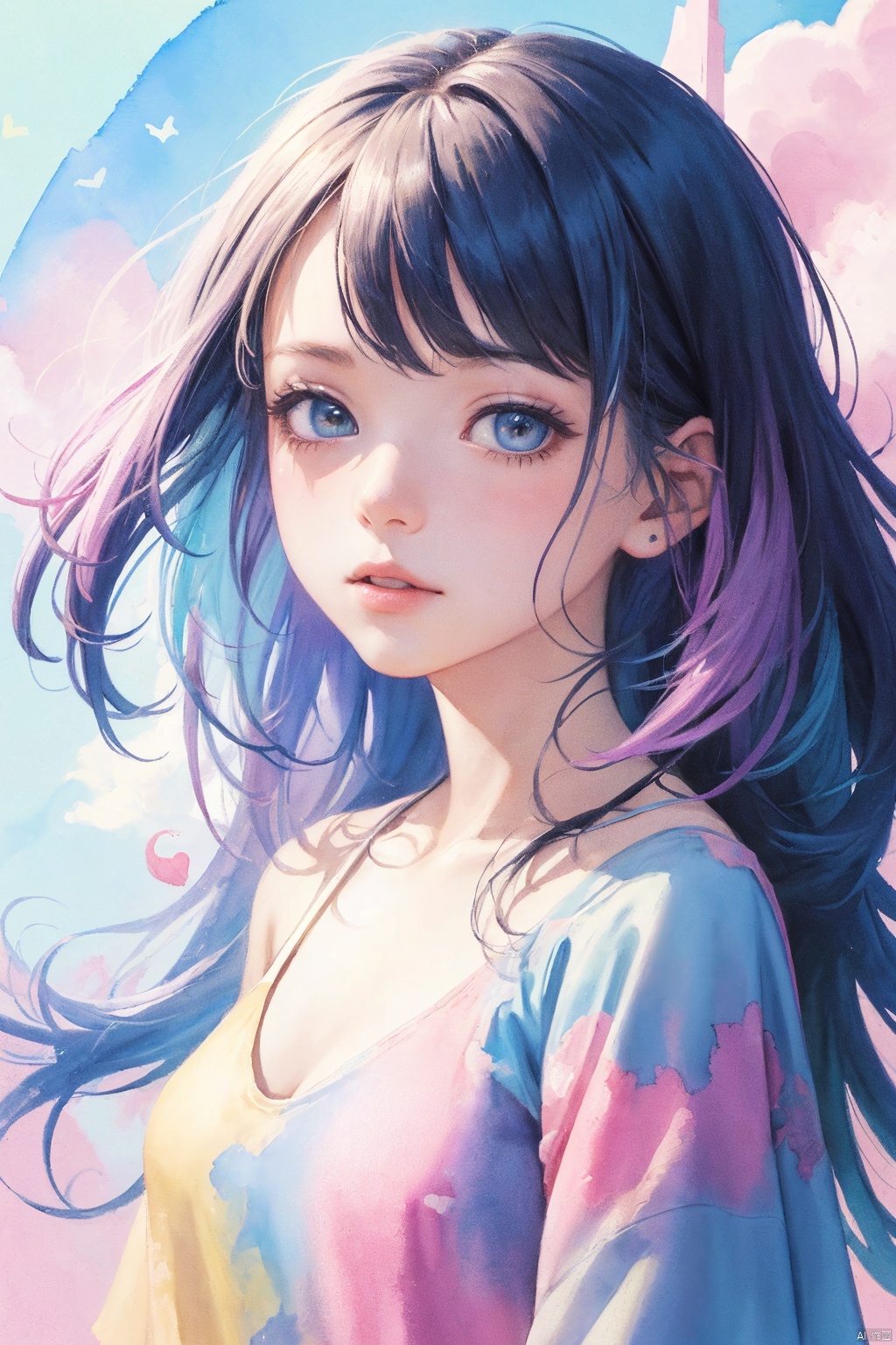  best quality,(masterpiece:1.3),ultra-detailed,1girl,Abstract watercolor painting of a little girl,cowboy shot,scales,rainbow colors ::1,colorful hair,blue and pink tone colors,abstract watercolor painting of cartoon clouds with emoji,rainbow colors,Gradien