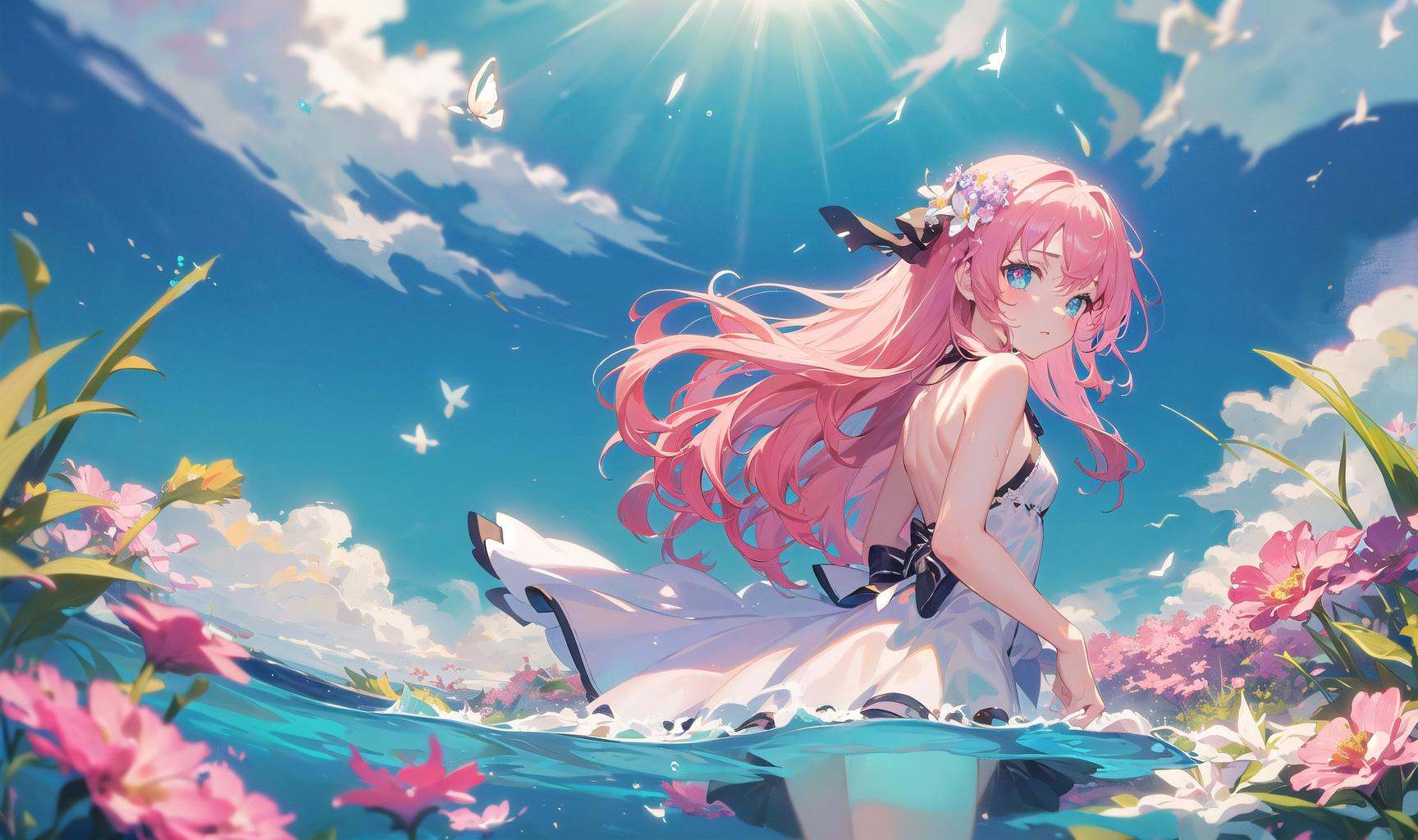 (flat color),colorful,(masterpiece:1,2),best quality,masterpiece,highres,original,extremely detailed wallpaper,looking at viewer,(close-up),((colorful)),(Detailed eyes description),(8K wallpaper),(masterpiece,best quality,ultra-detailed,illustration),(cinematic lighting),dreamy atmosphere,(bubble),warm light,1girl,solo,(little girl:1.5),(1girl),(Station type,Telephoto lens, wide Angle lens),First person,Depth of field,1girl,solo,expressionless,(+++a girl with pink long gradient hair and blue aqua eyes+++:1.2),with butterfly,standing,constricted pupils,(hair flowers),small breasts,long bangs,hime cut,(solo:1.5),Long hair,wavy hair,curly hair,fall clothes,dull,Back,look back,close-up,water,wading,ball,partially_submerged,beachball,outdoors,sky,day,(cloud:1),(blue_sky:1),(bird:0.9),on water,(Altocumulus:1.2),ocean,wet hair,small dust,summer,(blurry background),sunshine,underwater,(blue sky:1.3),cloud,wet,swimming,coast,venice,blue sky,(on water:1.3),(cloud:1.3),(Strong sunlight:1.5),