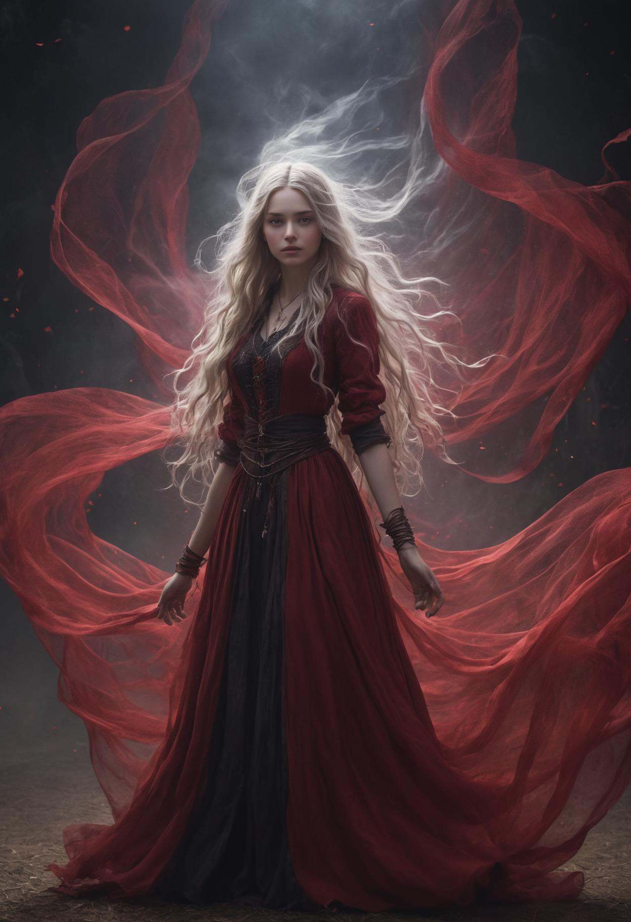 medium shot,  DonMM1y4XL 20yo woman,  male alchemist crimson streams and veils that flow and twine in the air by DonMischo...