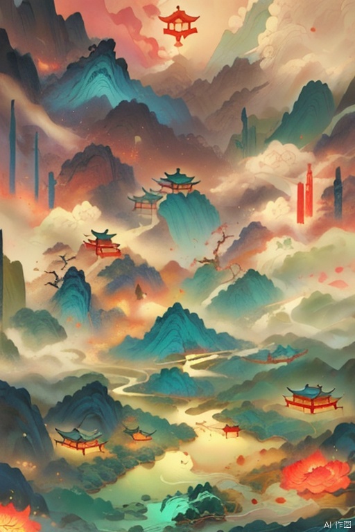  Micro landscape,fallwater, river,tree,Chinese three-dimensional landscape painting, Zen aesthetics, Zen composition,  blue copper mine, flowing particles, macro lens, rich light, glowing mountains, high mountains, clouds, minimalism, ultimate details, unparalleled details, electric effects, realism, 3D rendering, fine details, ycbh, painter,国风,风景