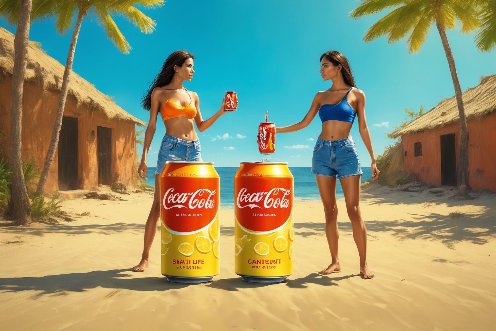 A young ancient female and her next life person in future are standing besides carbonated can drink concept design. A refr...