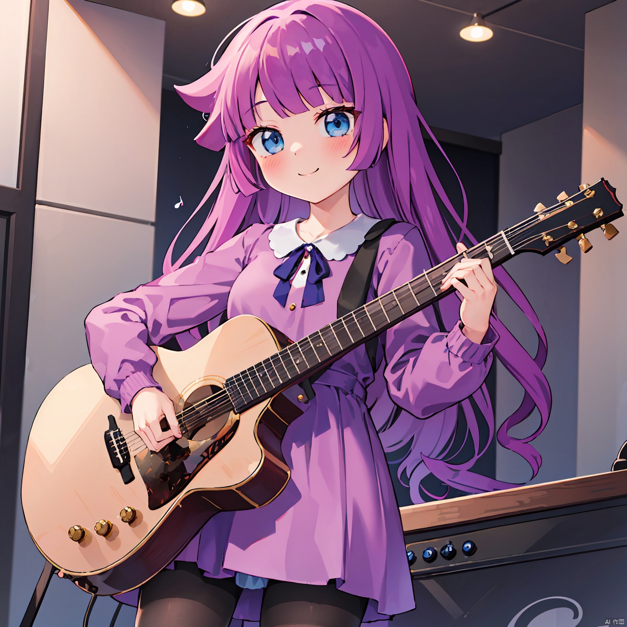  masterpiece, bestquality,雾岛露明, 1girl, solo, long hair, looking at viewer, blush, smile, bangs, blue eyes, shirt, long sleeves, dress, holding, purple hair, pantyhose, purple pantyhose, instrument, musical note, music, purple shirt, guitar, playing instrument, holding instrument,