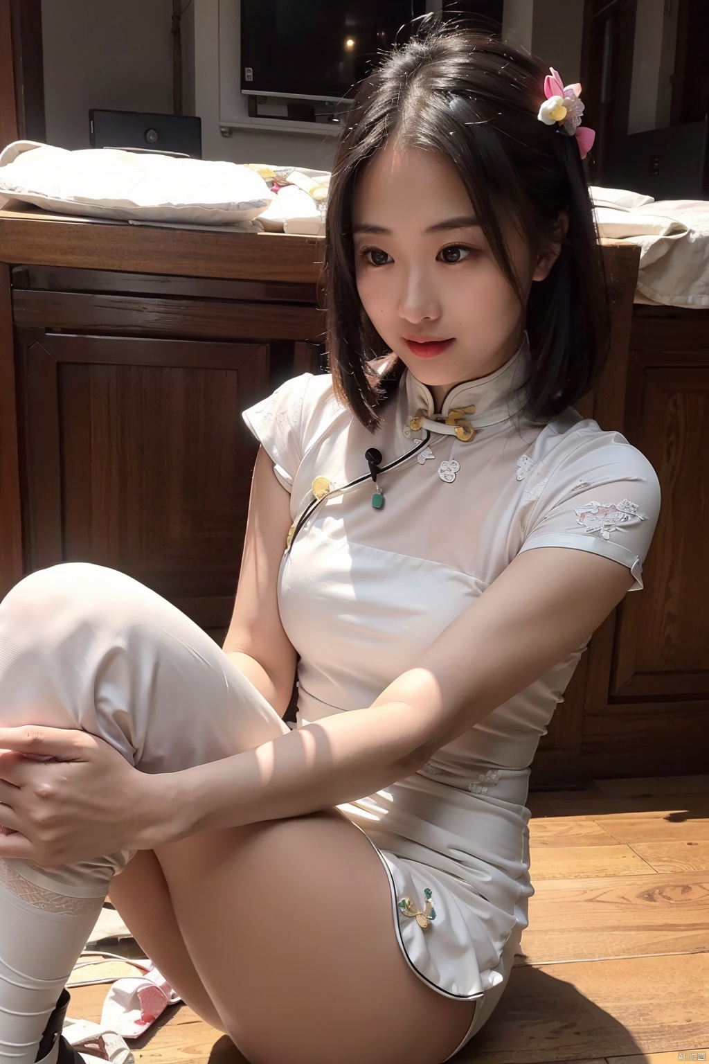 1girl,  white qipao,  thighs on Tensor.Art
