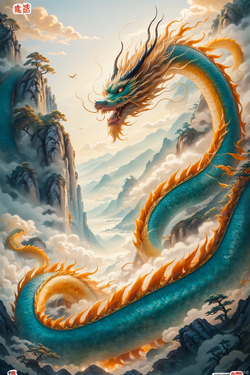 A dragon with (best quality, 4k, 8k, highres, masterpiece:1.2) details and an ultra-detailed appearance, in the style of a traditional Chinese dragon, with vibrant colors and intricate scales. The dragon's body is long and sinuous, with a majestic presence. The lighting is dramatic, highlighting the dragon's majestic features and casting shadows on the surrounding landscape. The dragon's eyes are piercing and filled with wisdom, while its mouth opens wide, revealing sharp teeth and a long tongue. The dragon's scales are meticulously rendered, showing variations in texture and color. The background features a beautiful Chinese landscape, with mountains, rivers, and clouds. The overall image evokes a sense of awe and reverence for the mythical creature.