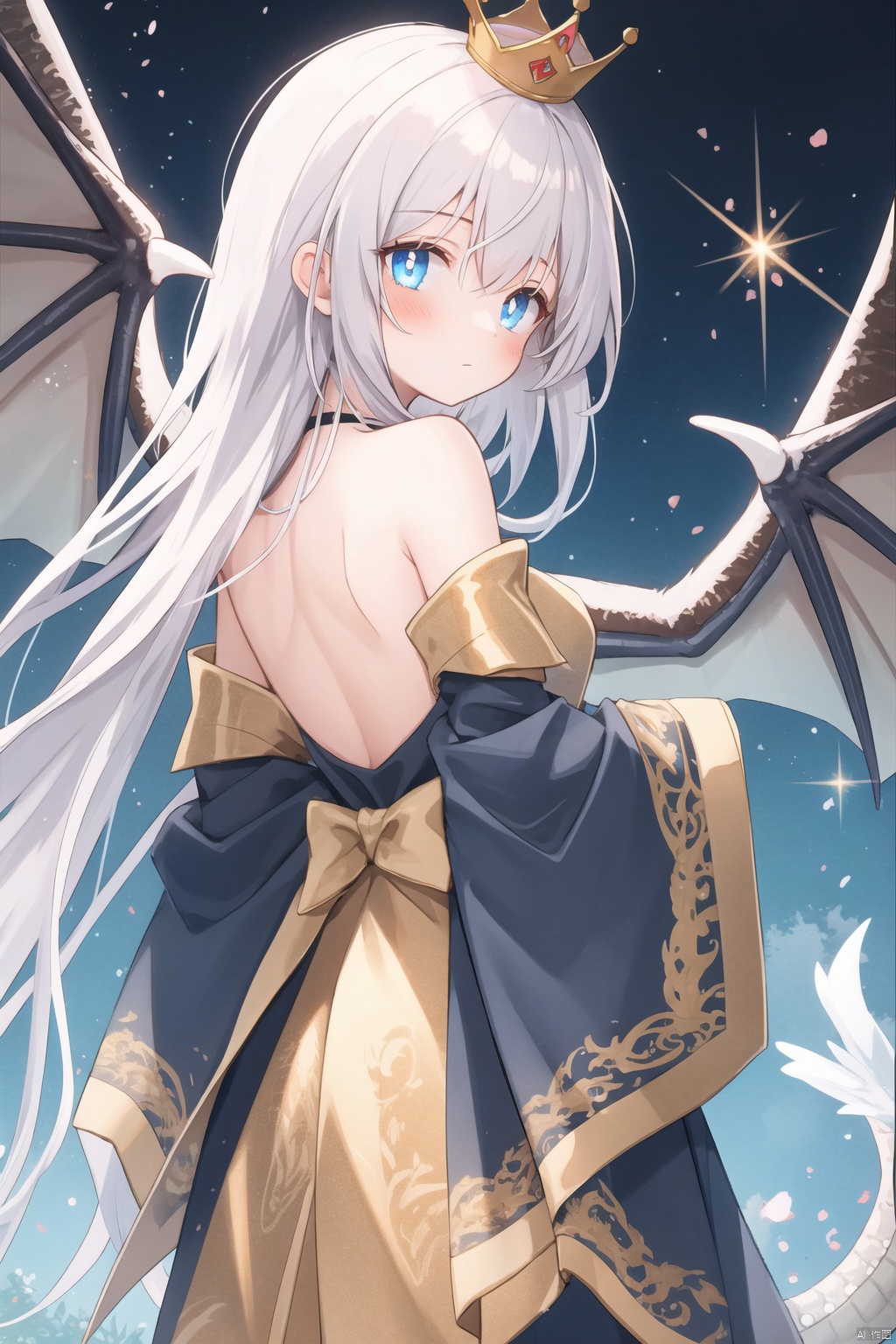  1girl, solo,Dragon beauty, back golden wings,dragon scale body, handsome dragon girl, golden pupils head wearing imperial crown

