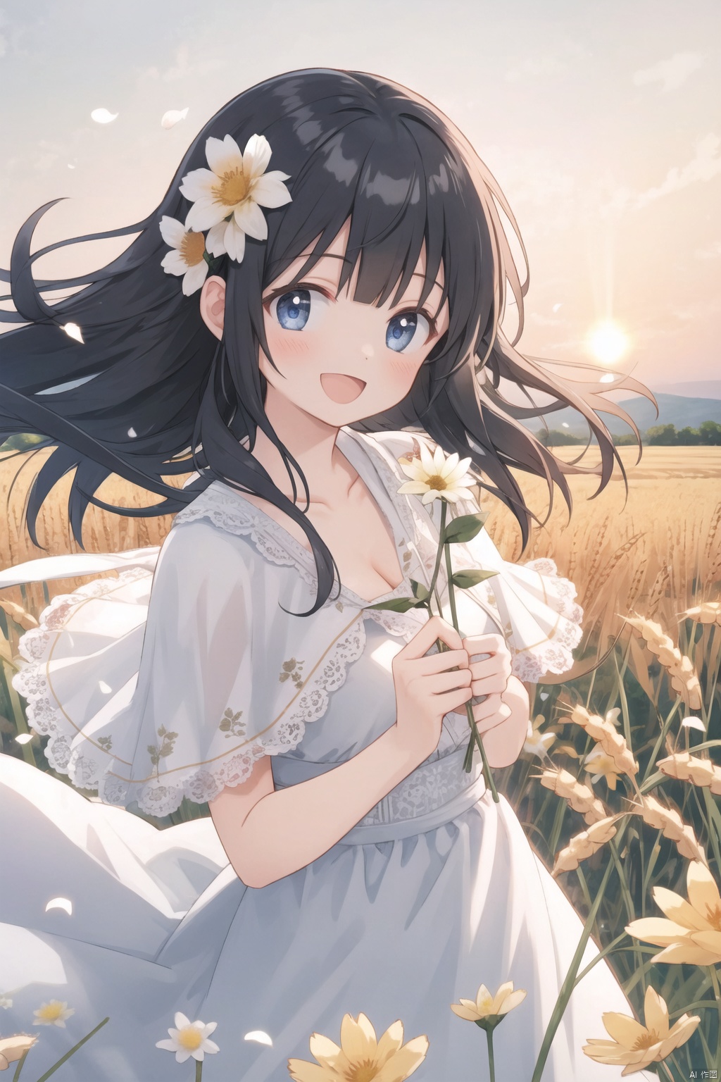 center frame, sharp focus, (panorama, wide shot), best quality, masterpiece, extremely detailed, detailed background, (from above:1.2), 1girl, solo, black hair, opend eyes, smile, open mouth,Cleavage of breast,small breast, skirt, long hair, wavy hair, on side, fluffy hair, , french , blush, smile, capelet, lace trim, bodice, sunset, long dress, dusk, scenery, gold sky, high place, horizon, wheat field, wheat ears, wind, wind blow, looking at viewer, (depth of field), bokeh, (holding a flower:1.3), (holding:1.2),(medium breast):0.5, takei film,chenchen,梨涡彤彤