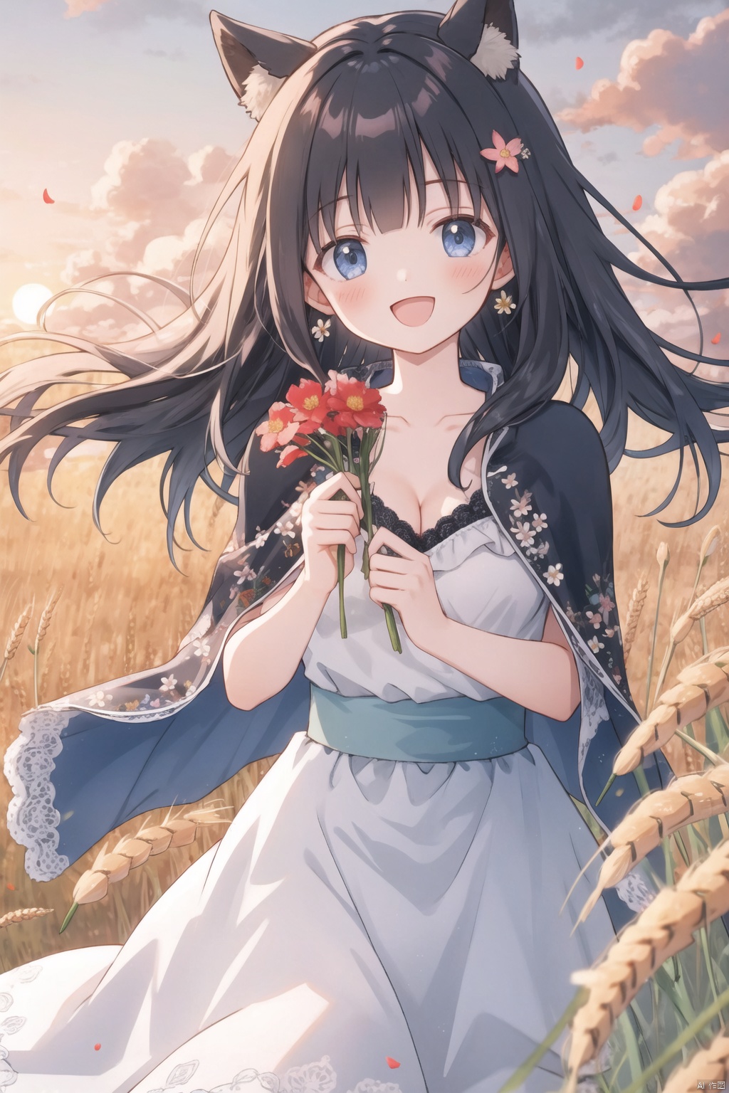center frame, sharp focus, (panorama, wide shot), best quality, masterpiece, extremely detailed, detailed background, (from above:1.2), 1girl, solo, black hair, opend eyes, smile, open mouth,Cleavage of breast,small breast, skirt, long hair, wavy hair, on side, fluffy hair, , french , blush, smile, capelet, lace trim, bodice, sunset, long dress, dusk, scenery, gold sky, high place, horizon, wheat field, wheat ears, wind, wind blow, looking at viewer, (depth of field), bokeh, (holding a flower:1.3), (holding:1.2),(medium breast):0.5, takei film,chenchen,梨涡彤彤