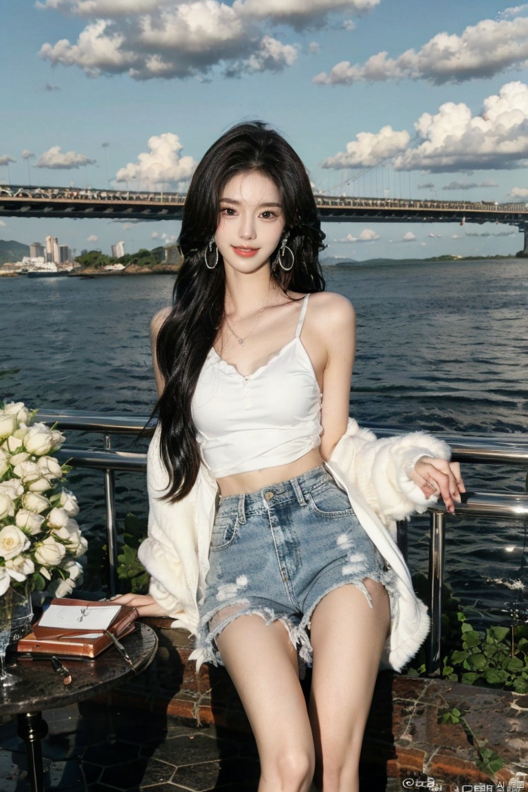 1girl, solo, breasts, looking at viewer, smile, shirt, black hair, brown eyes, jewelry, sitting, earrings, sky, shorts, sleeveless, day, medium hair, water, short shorts, ocean, chair, table, denim, denim shorts, realistic, ((poakl))