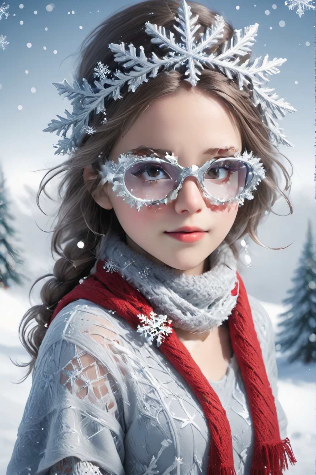 In this Christmas scene,  a petite girl stands alone in the snowy landscape. She wears a red Christmas hat,  wearing sfgla...