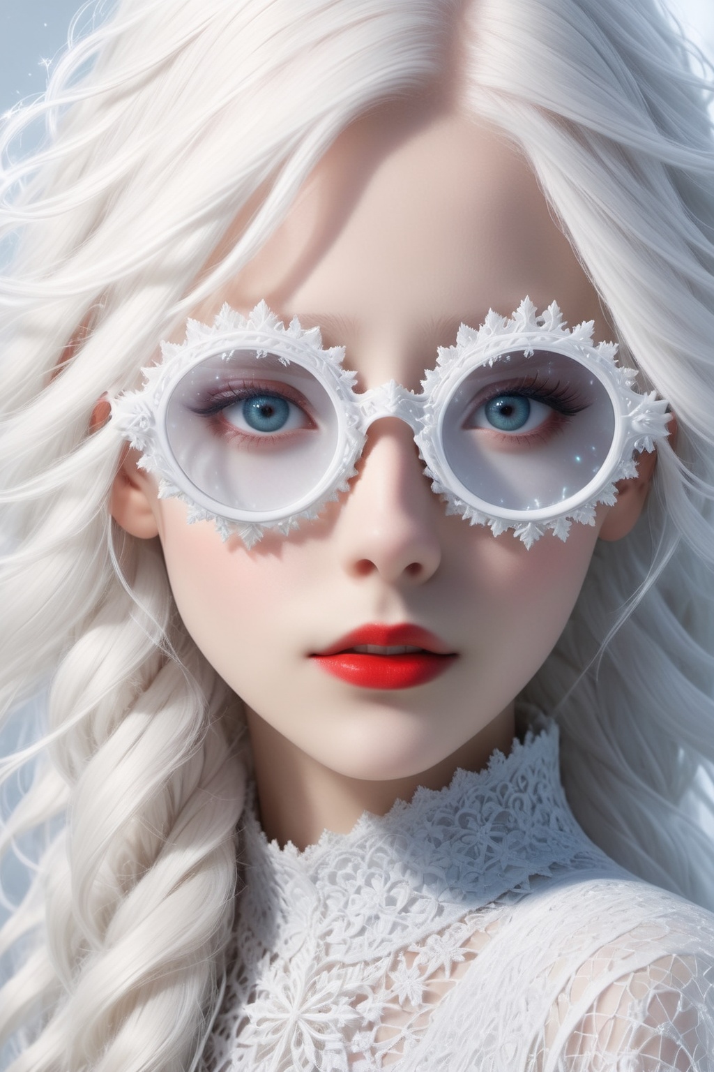 A girl with extremely fair complexion,  almost appearing ghostly,  possesses stunning flowing white hair that cascades dow...