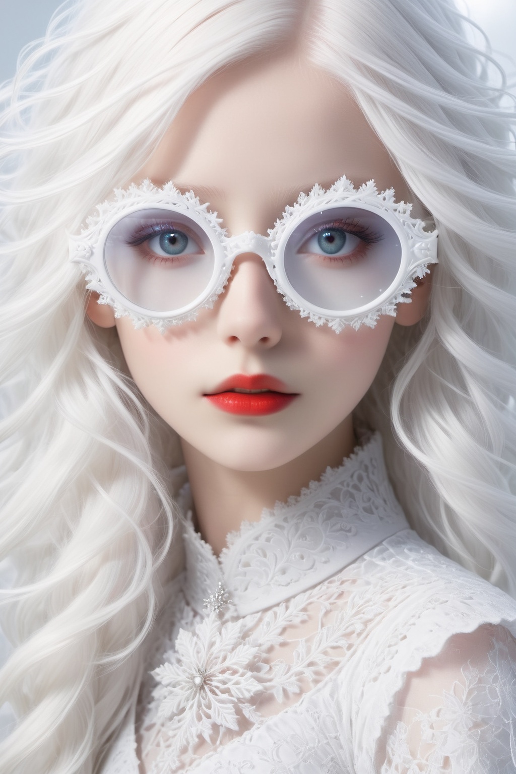A girl with extremely fair complexion,  almost appearing ghostly,  possesses stunning flowing white hair that cascades dow...