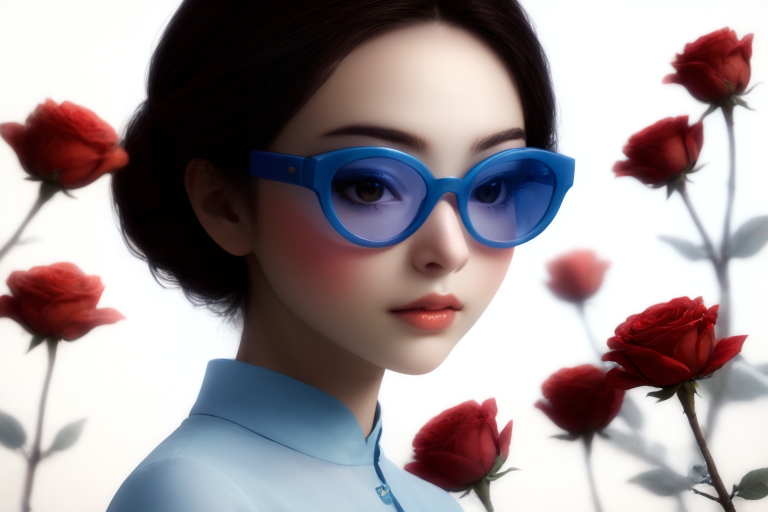 Create a modern-styled portrait of a gentle lady inspired by roses and love,  wearing sfglasses,  utilizing the vibrant co...