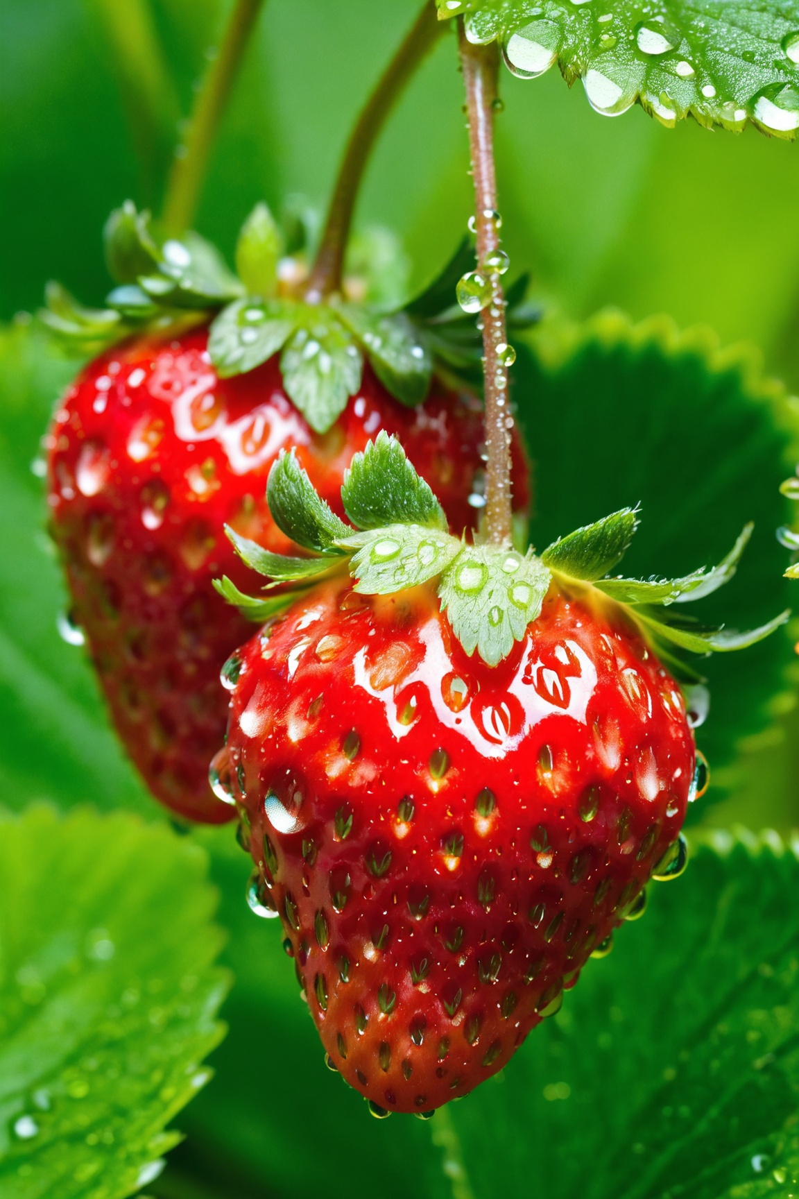 (best quality,  highres),  ripe red strawberries nestled in a bed of vibrant green leaves on Tensor.Art