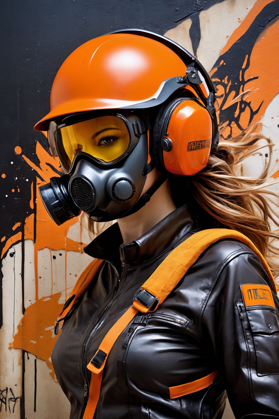 ultra-detailed,  electronic woman with a pest control helmet and mask,  dark black and orange on Tensor.Art