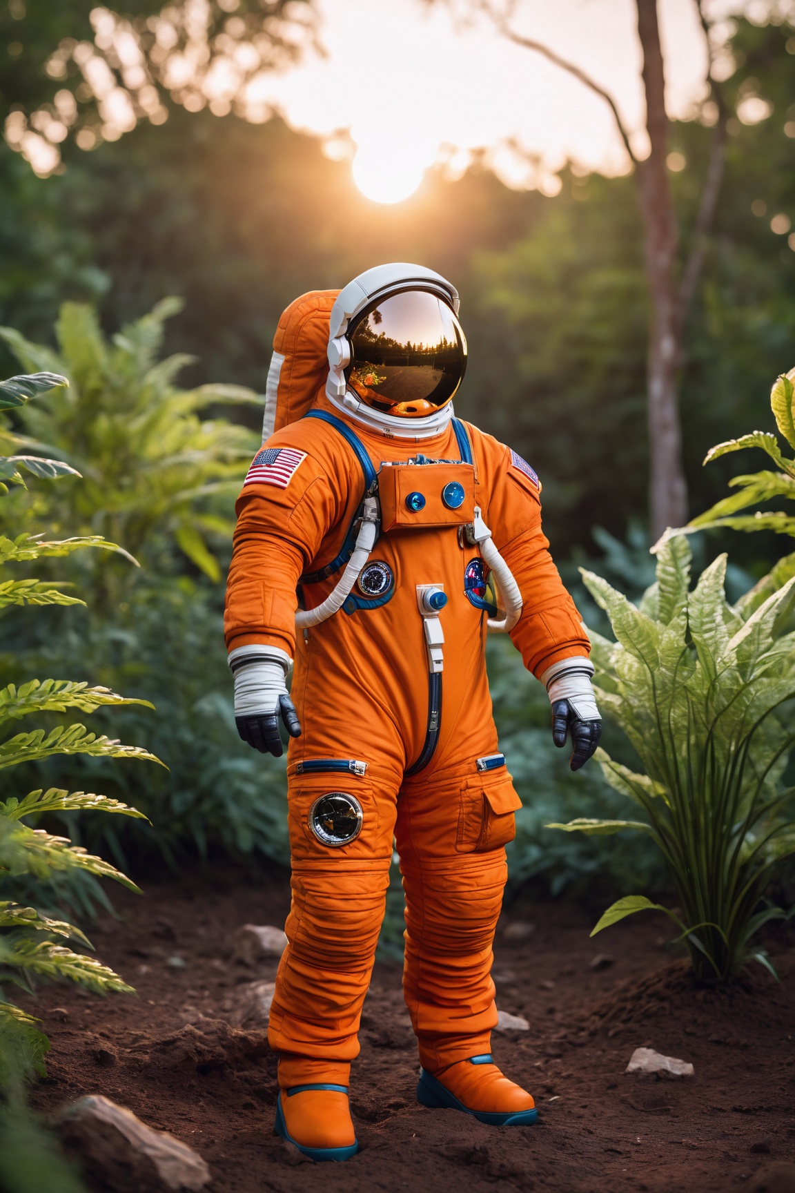 An astronaut in an orange astronaut outfit,  standing against a sunset background. The astronaut is positioned front facin...
