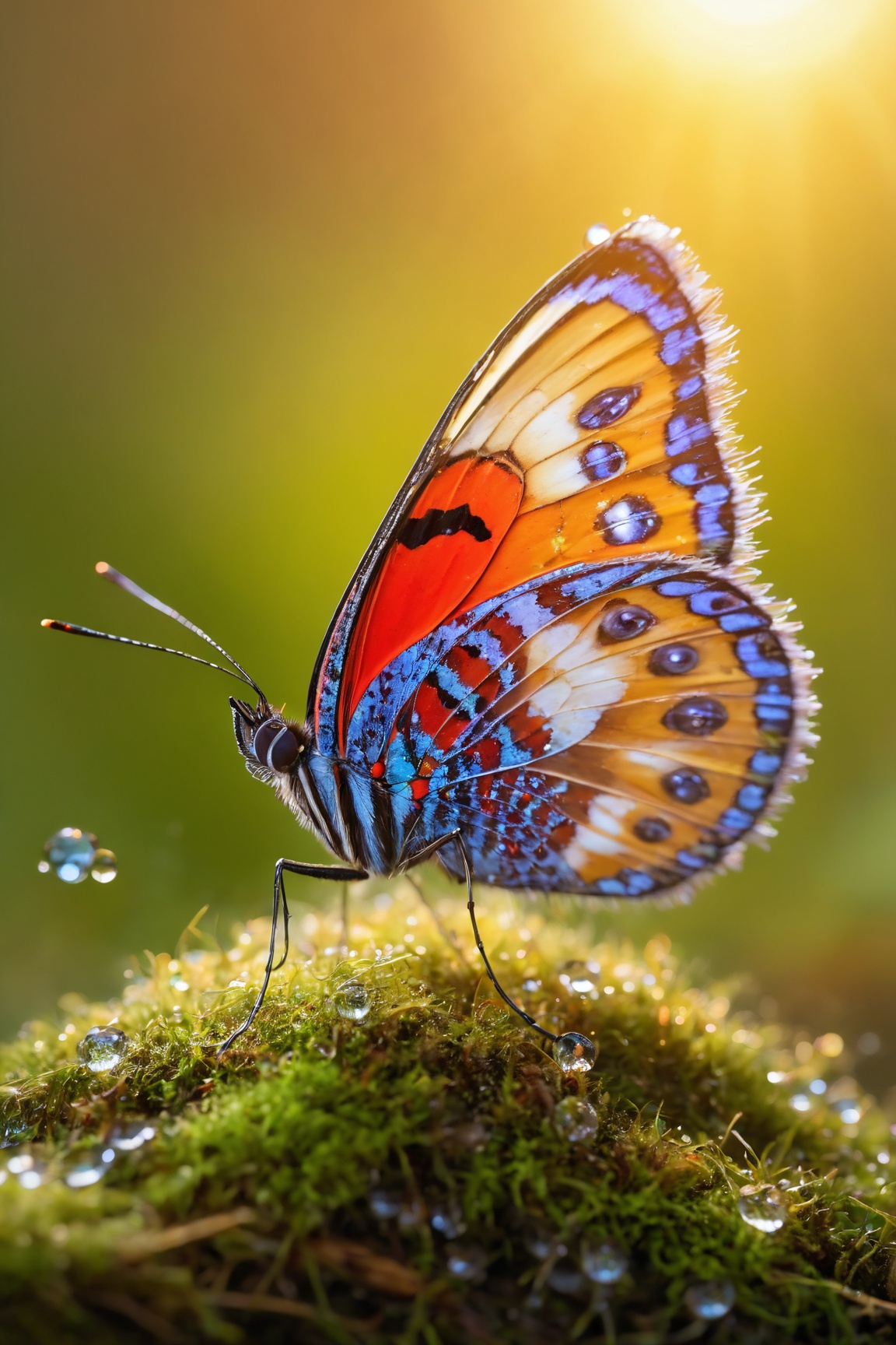 ultra-detailed,  extremely vibrant butterfly with dew on a moss,  glowing under the soft morning light of a sunrise in the...