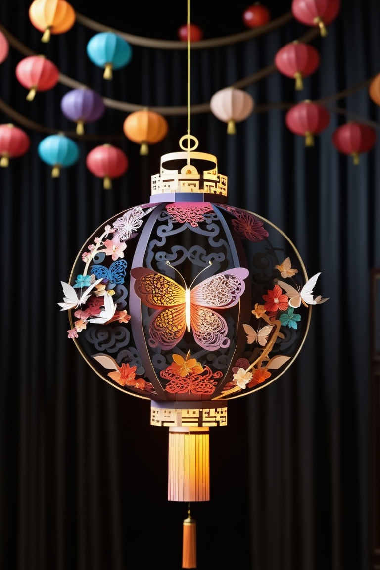 big circle lantern ,  formed by paper art ,  in the pattern of betterfly. colourful chinese style dark background with blu...