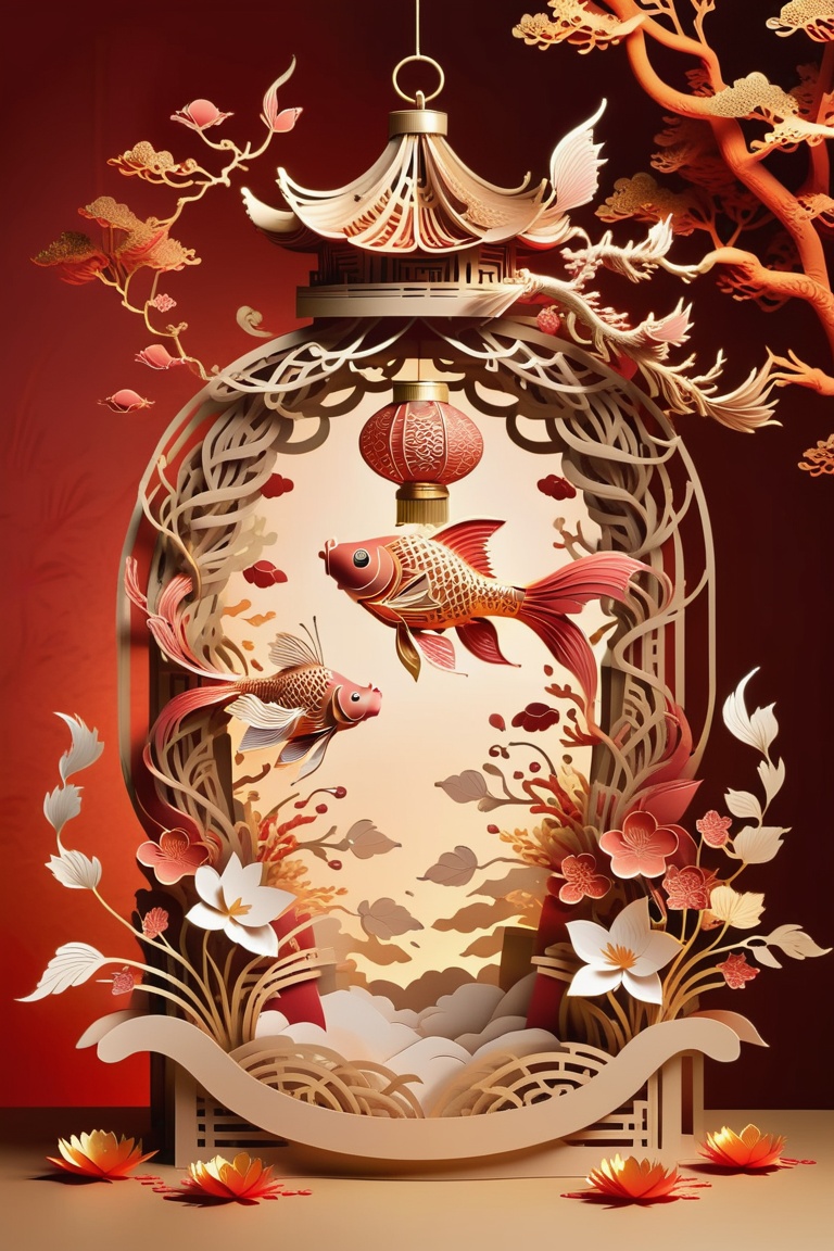 big lantern ,  formed by paper art ,  in the pattern of goldfish and betterfly. chinese style lights as background on Tens...