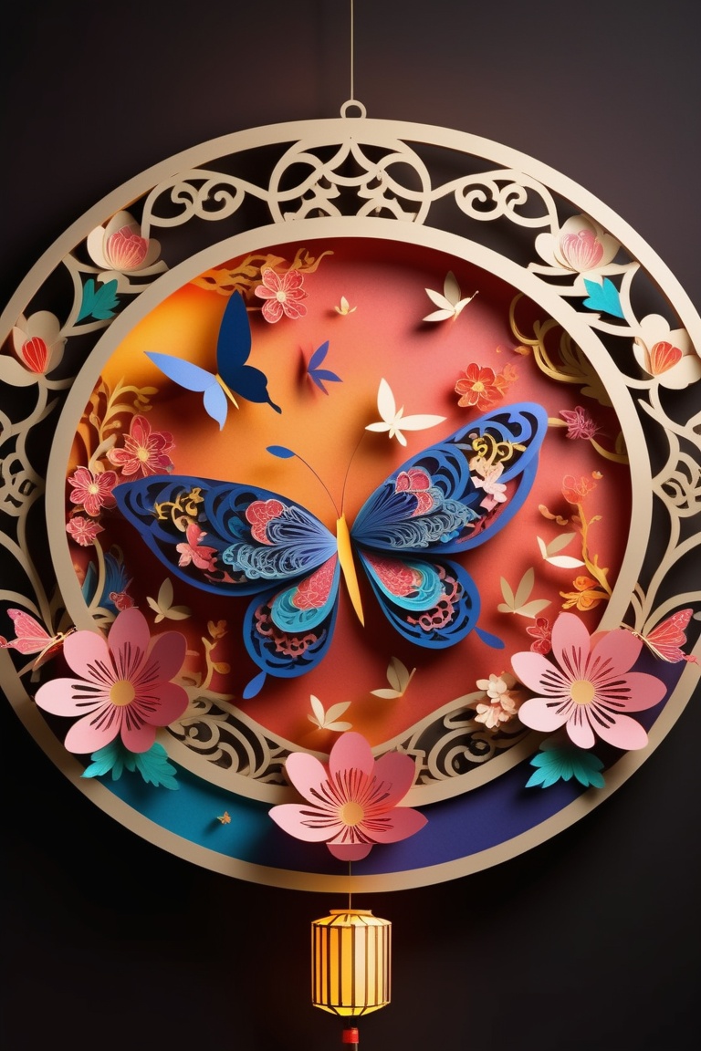 big circle lantern ,  formed by paper art ,  in the pattern of betterfly. colourful chinese style on Tensor.Art