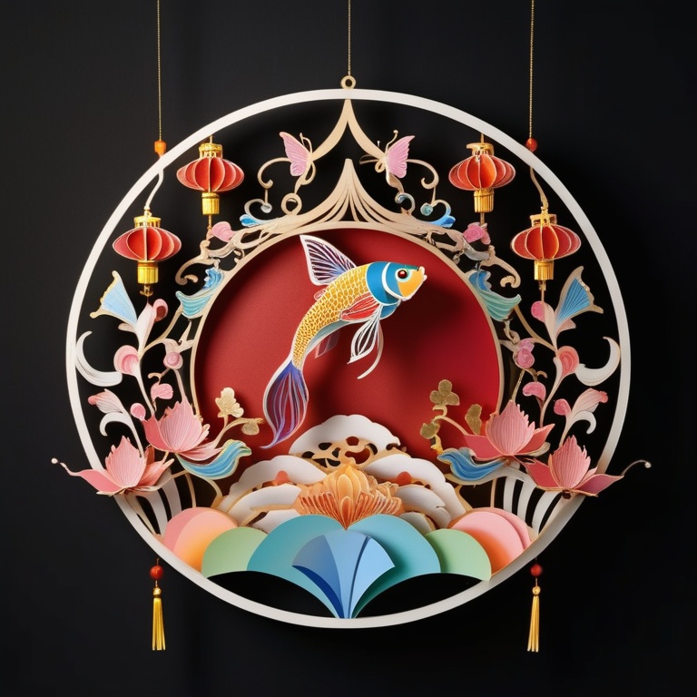 3D-big-circle-lantern on fire lighting ,  ,  formed by complex details paper art on Tensor.Art