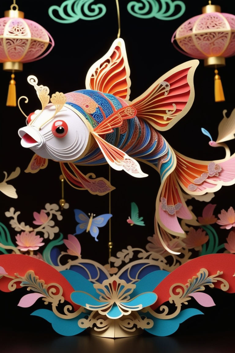 3D-big-fan-lantern ,  formed by complex details paper art ,  in the pattern of betterfly in center and surrounding by long...