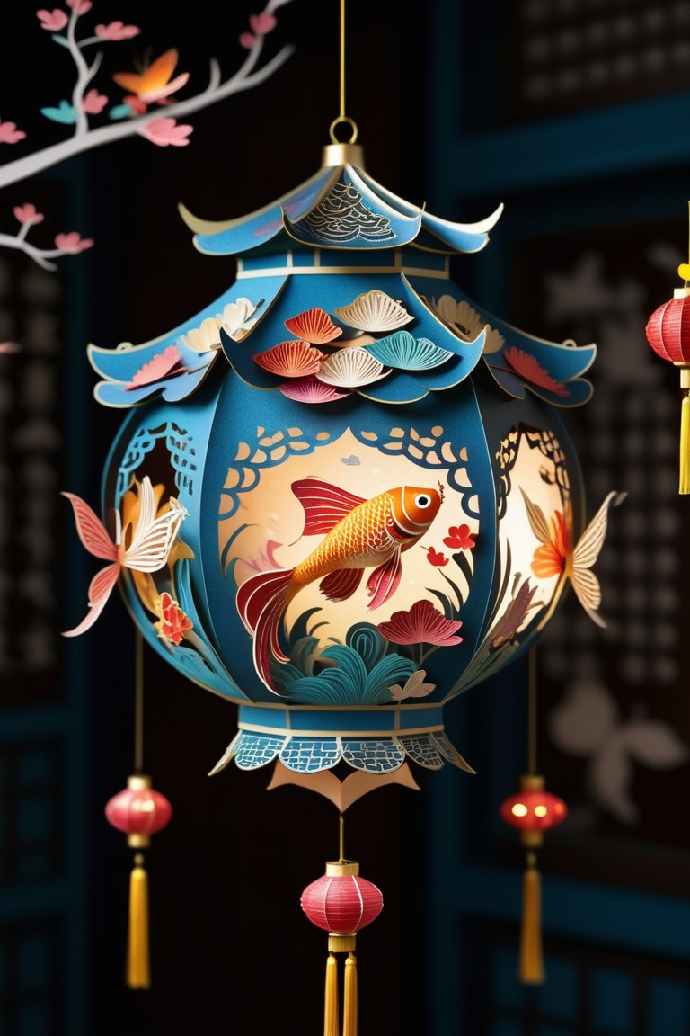big lantern ,  formed by paper art ,  in the pattern of goldfish and betterfly. colourful chinese style dark background wi...