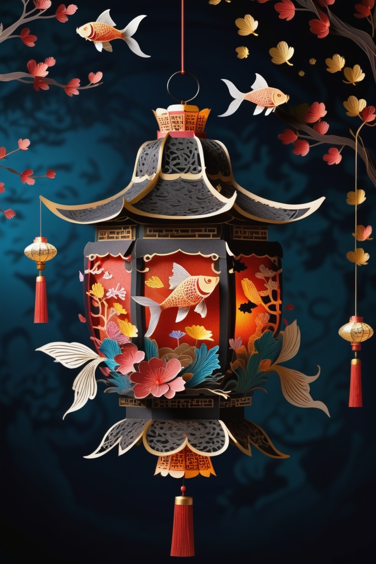big lantern ,  formed by paper art ,  in the pattern of goldfish and betterfly. colourful chinese style dark background wi...