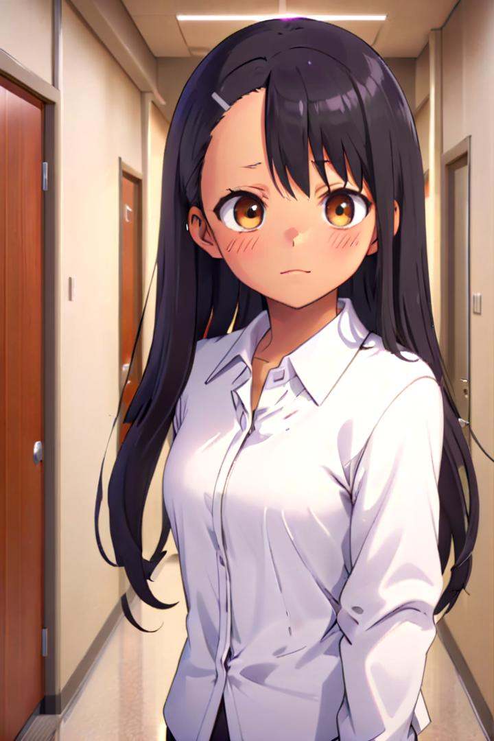 a girl nagatoro hayase standing in a japanese school hallway,  she is wearing a collared white shirt,  she is sneering on...