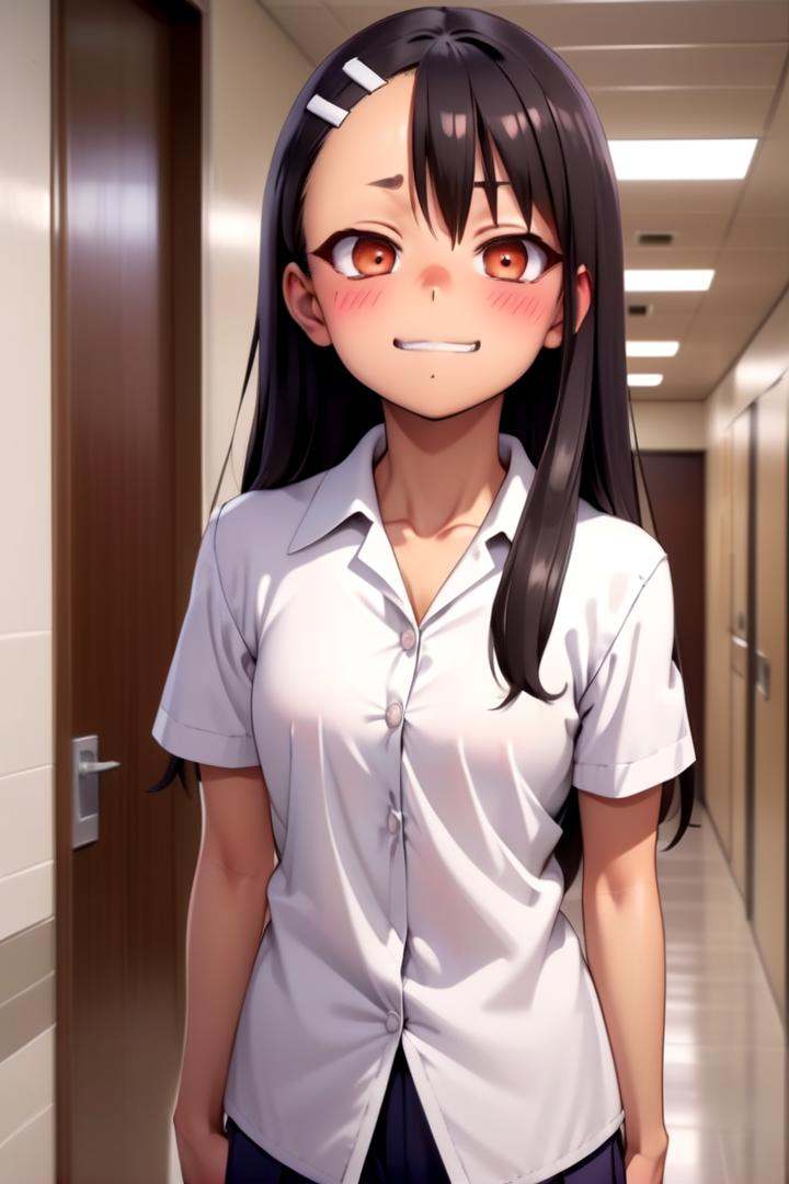 a girl nagatoro hayase standing in a japanese school hallway,  she is wearing a collared white shirt,  she has a smug expr...