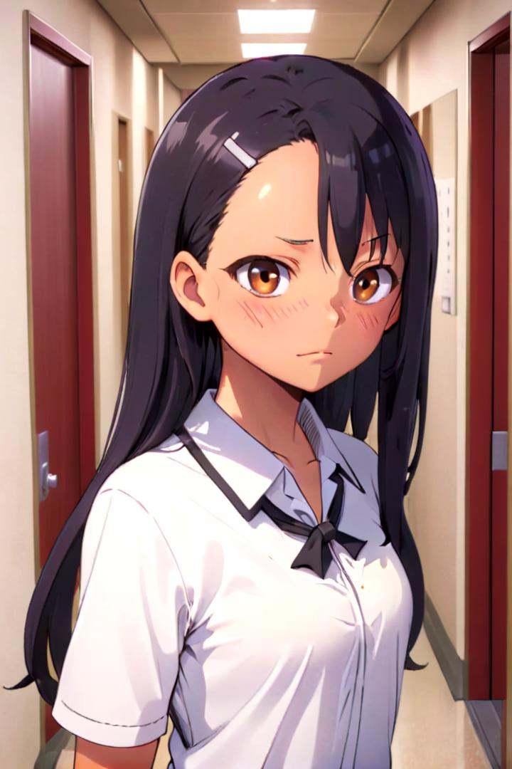 a girl nagatoro hayase standing in a japanese school hallway,  she is wearing a collared white shirt,  she is sneering on...