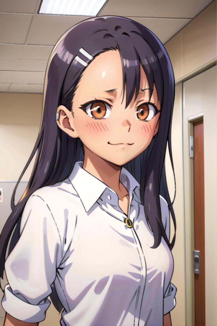 a girl nagatoro hayase standing in a japanese school hallway,  she is wearing a collared white shirt,  she has a smug expr...