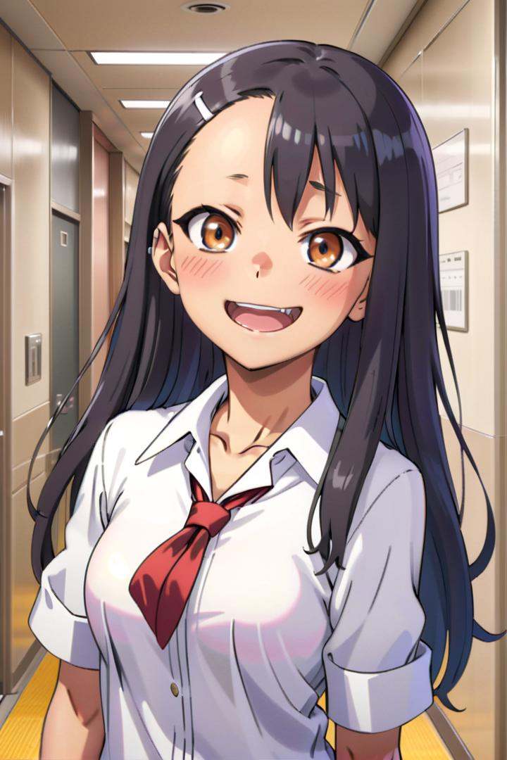a girl nagatoro hayase standing in a japanese school hallway,  she is wearing a collared white shirt,  she has a smug expr...