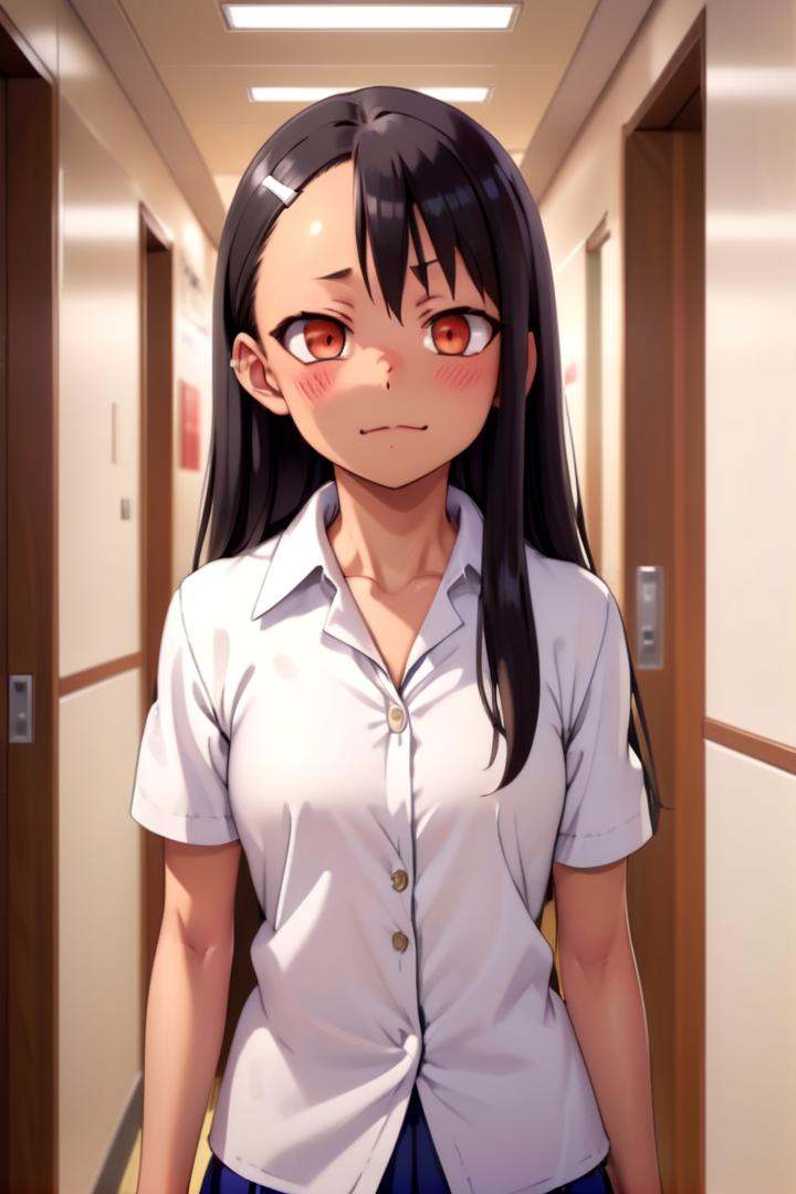 a girl nagatoro hayase standing in a japanese school hallway,  she is wearing a collared white shirt,  she has a smug expr...